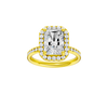 Radiant-cut diamond engagement ring with a channel-set diamond band and halo setting.