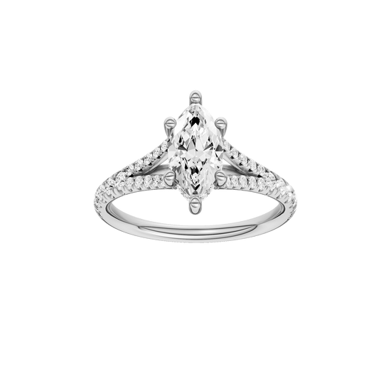 Marquise-cut diamond engagement ring with a prong-set diamond band and hidden-halo setting.