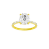 Elongated cushion-cut diamond engagement ring with a prong-set diamond band and solitaire setting.