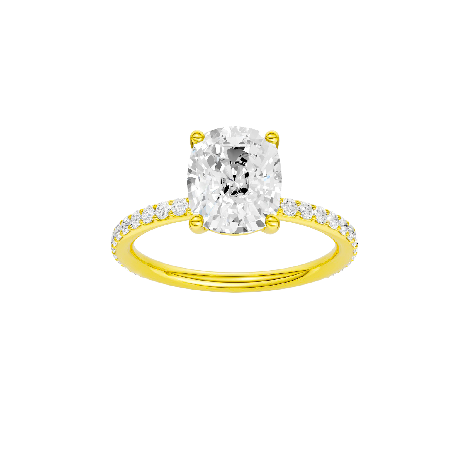 Elongated cushion-cut diamond engagement ring with a prong-set diamond band and solitaire setting.