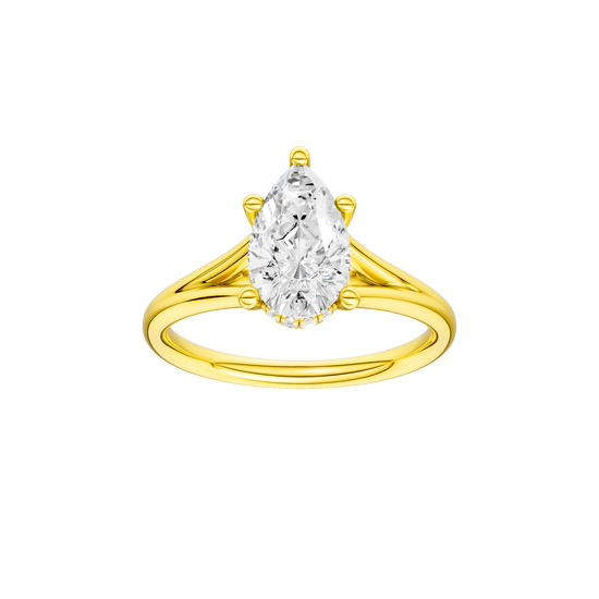 Pear-cut diamond engagement ring with a plain band and hidden-halo setting.
