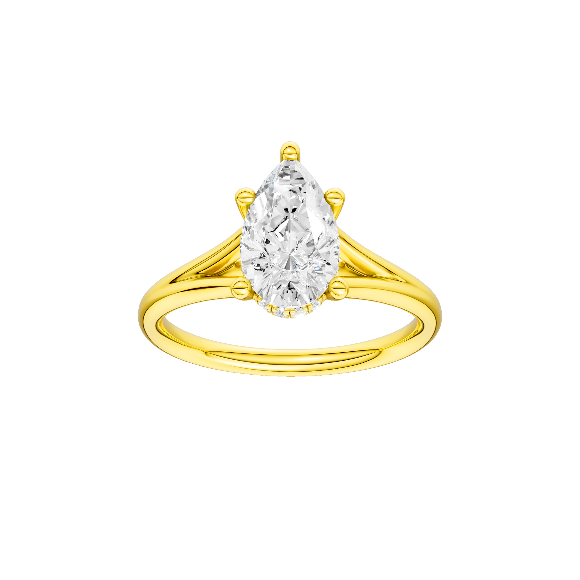 Pear-cut diamond engagement ring with a plain band and hidden-halo setting.