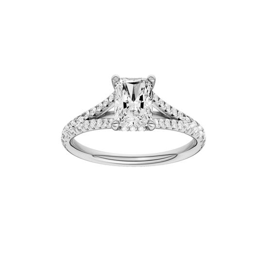 Radiant-cut diamond engagement ring with a prong-set diamond band and hidden-halo setting.