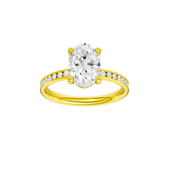 Oval-cut diamond engagement ring with a channel-set diamond band and solitaire setting.