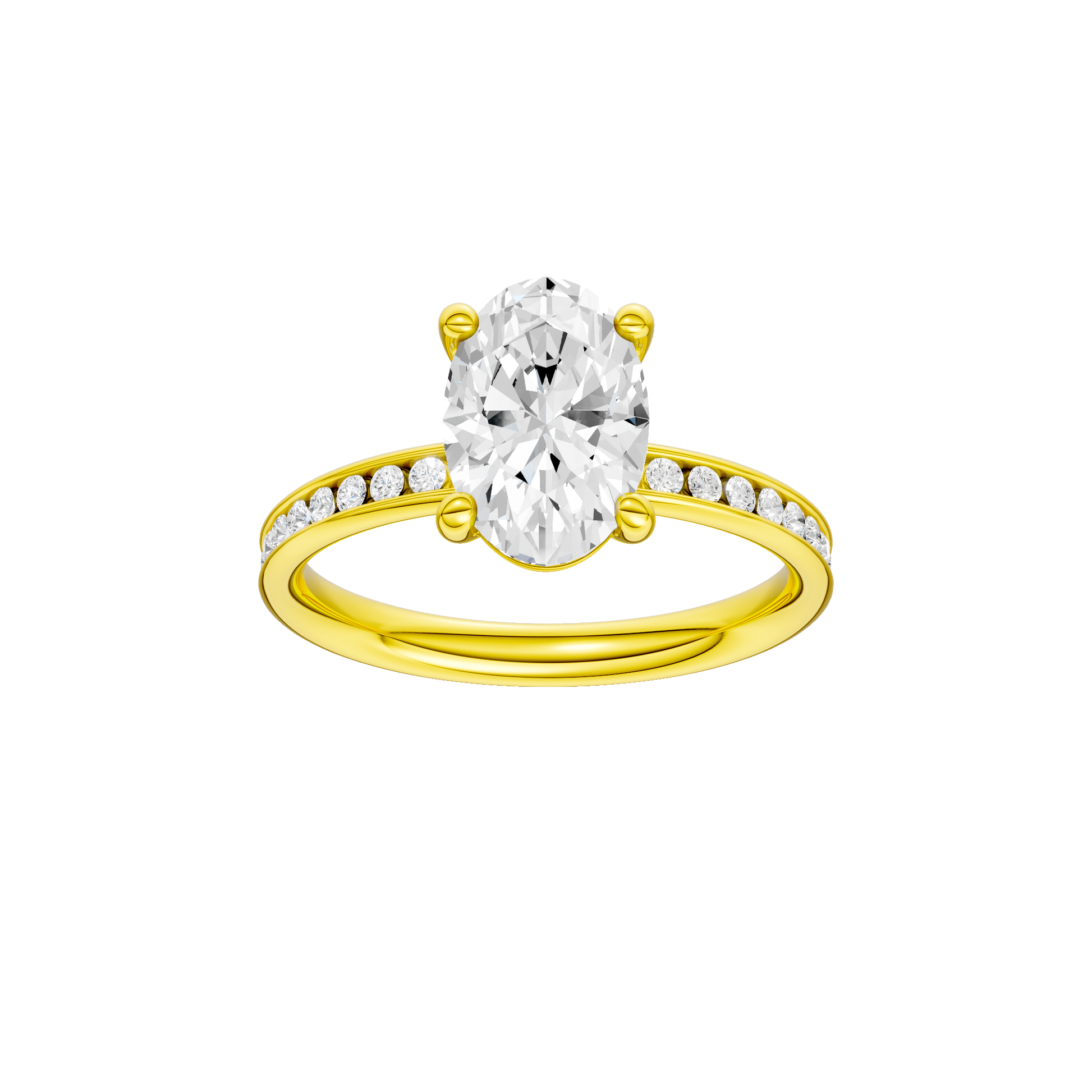Oval-cut diamond engagement ring with a channel-set diamond band and solitaire setting.