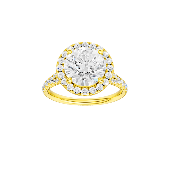Round-cut diamond engagement ring with a prong-set diamond band and halo setting.