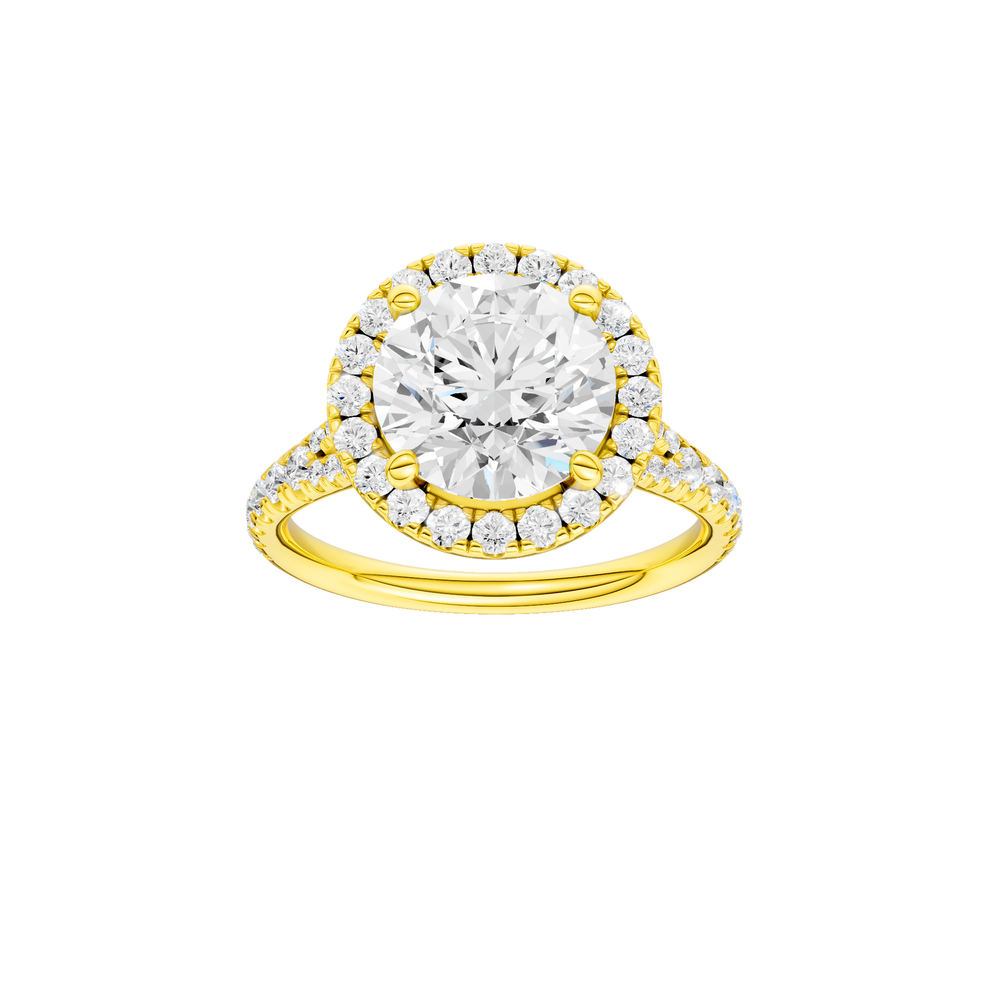 Round-cut diamond engagement ring with a prong-set diamond band and halo setting.