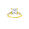 Princess-cut diamond engagement ring with a prong-set diamond band and hidden-halo setting.