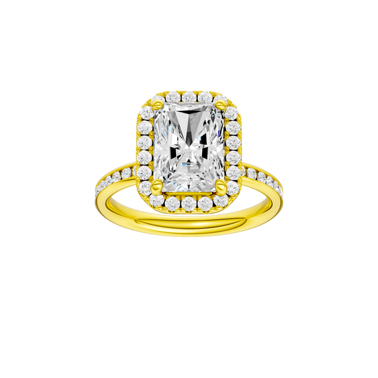 Radiant-cut diamond engagement ring with a channel-set diamond band and halo setting.