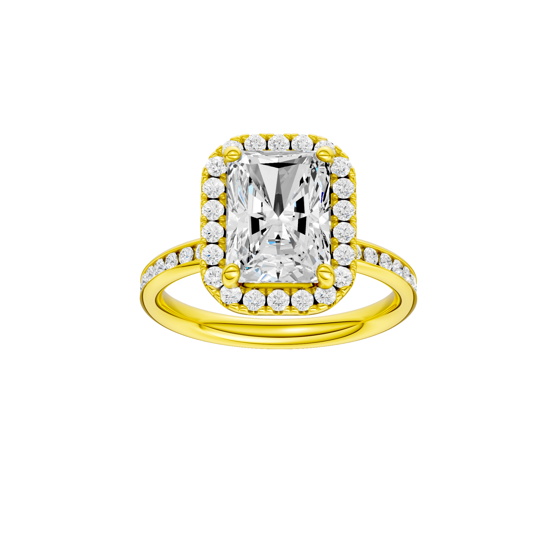 Radiant-cut diamond engagement ring with a channel-set diamond band and halo setting.