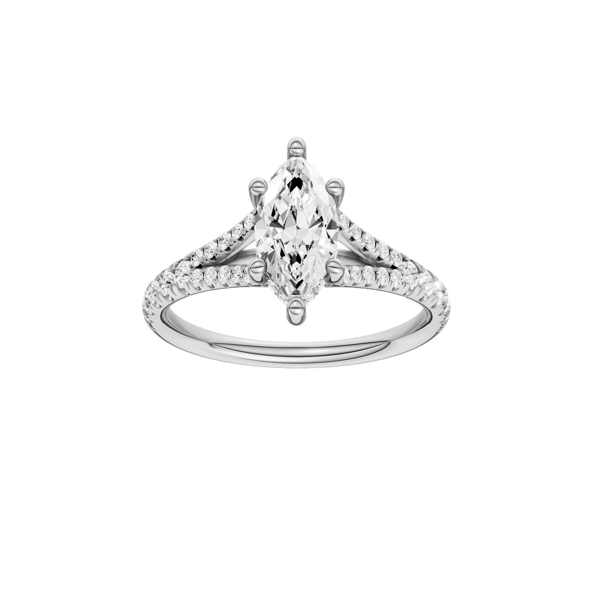 Marquise-cut diamond engagement ring with a prong-set diamond band and hidden-halo setting.