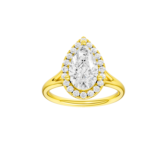 Pear-cut diamond engagement ring with a plain band and halo setting.
