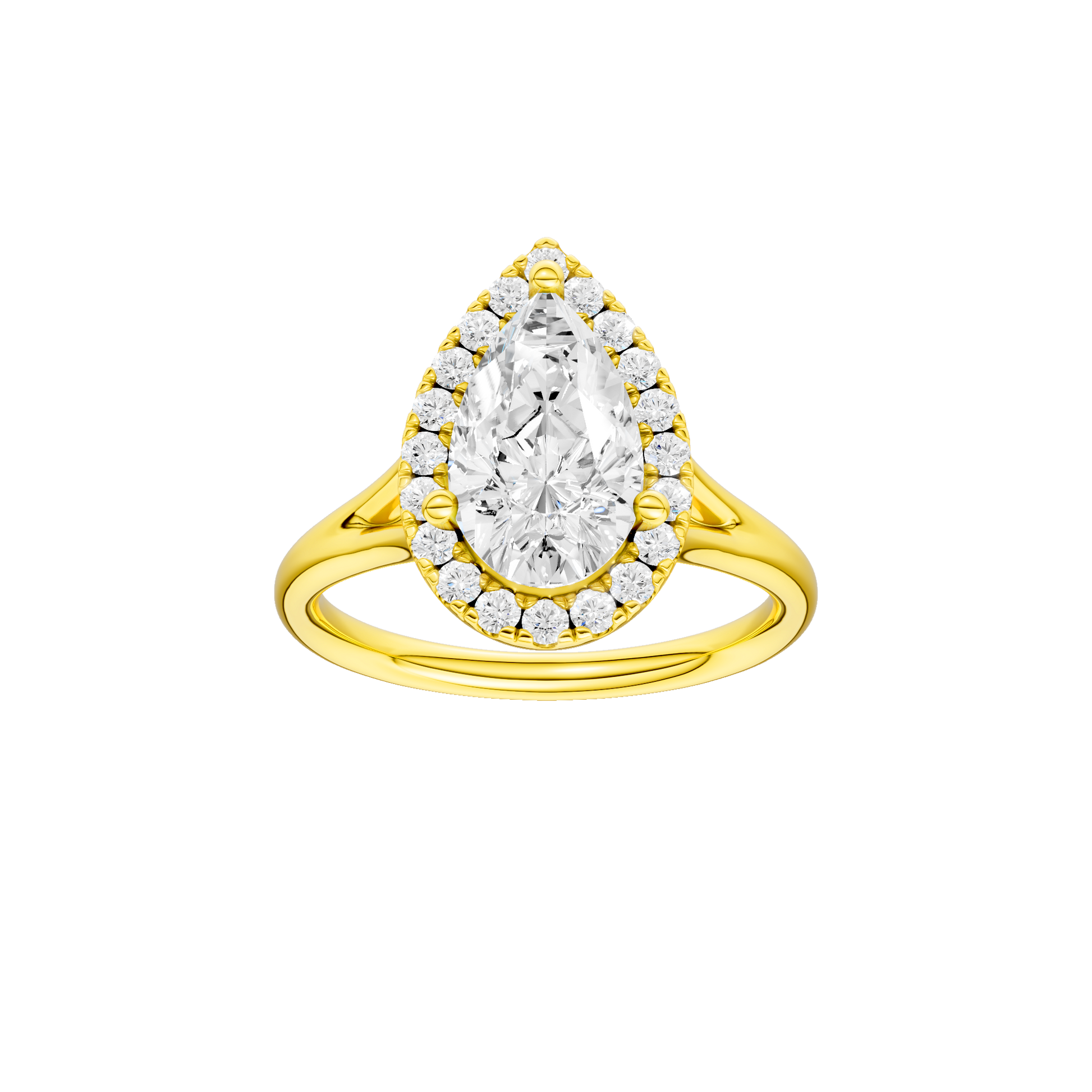 Pear-cut diamond engagement ring with a plain band and halo setting.