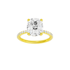 Elongated cushion-cut diamond engagement ring with a prong-set diamond band and solitaire setting.