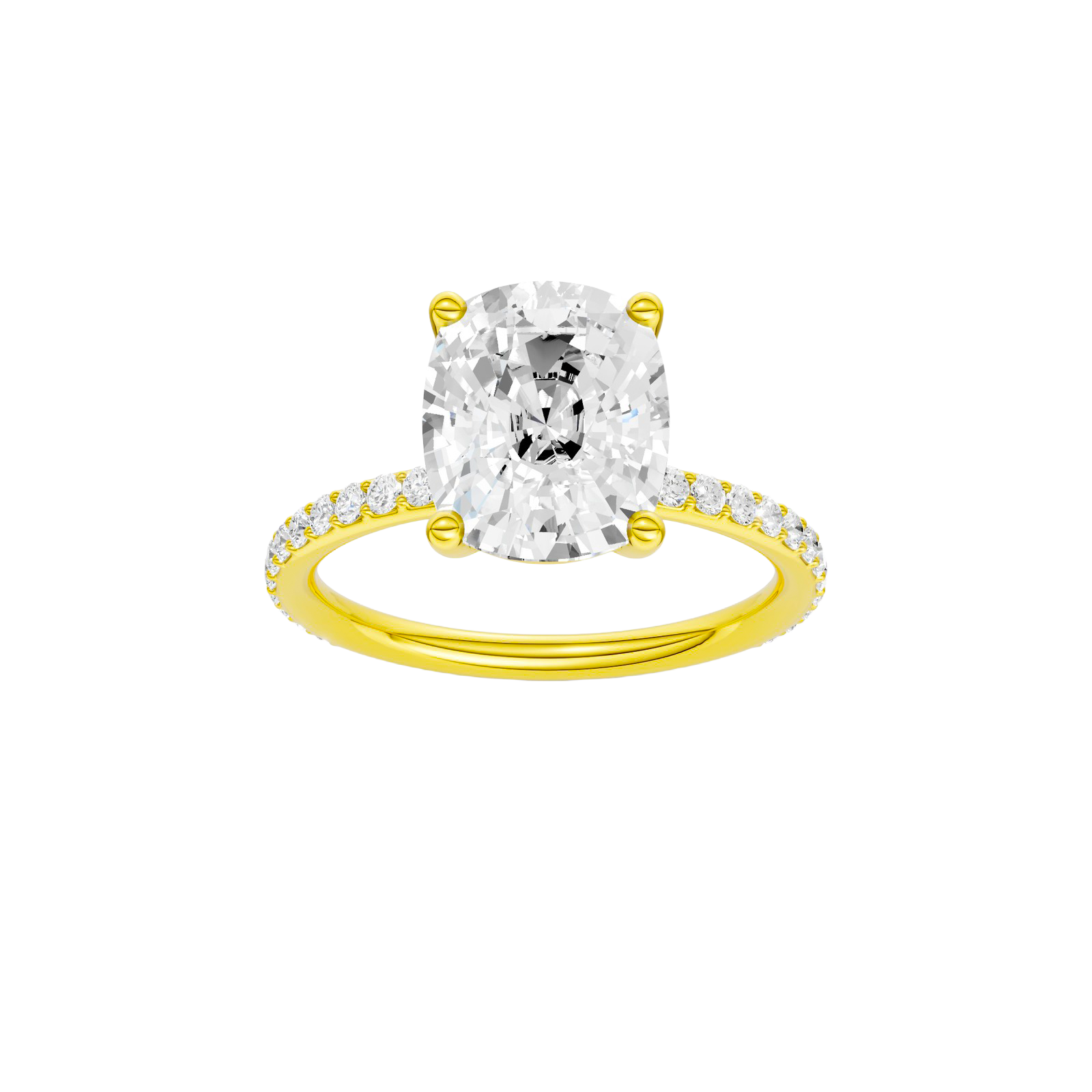 Elongated cushion-cut diamond engagement ring with a prong-set diamond band and solitaire setting.