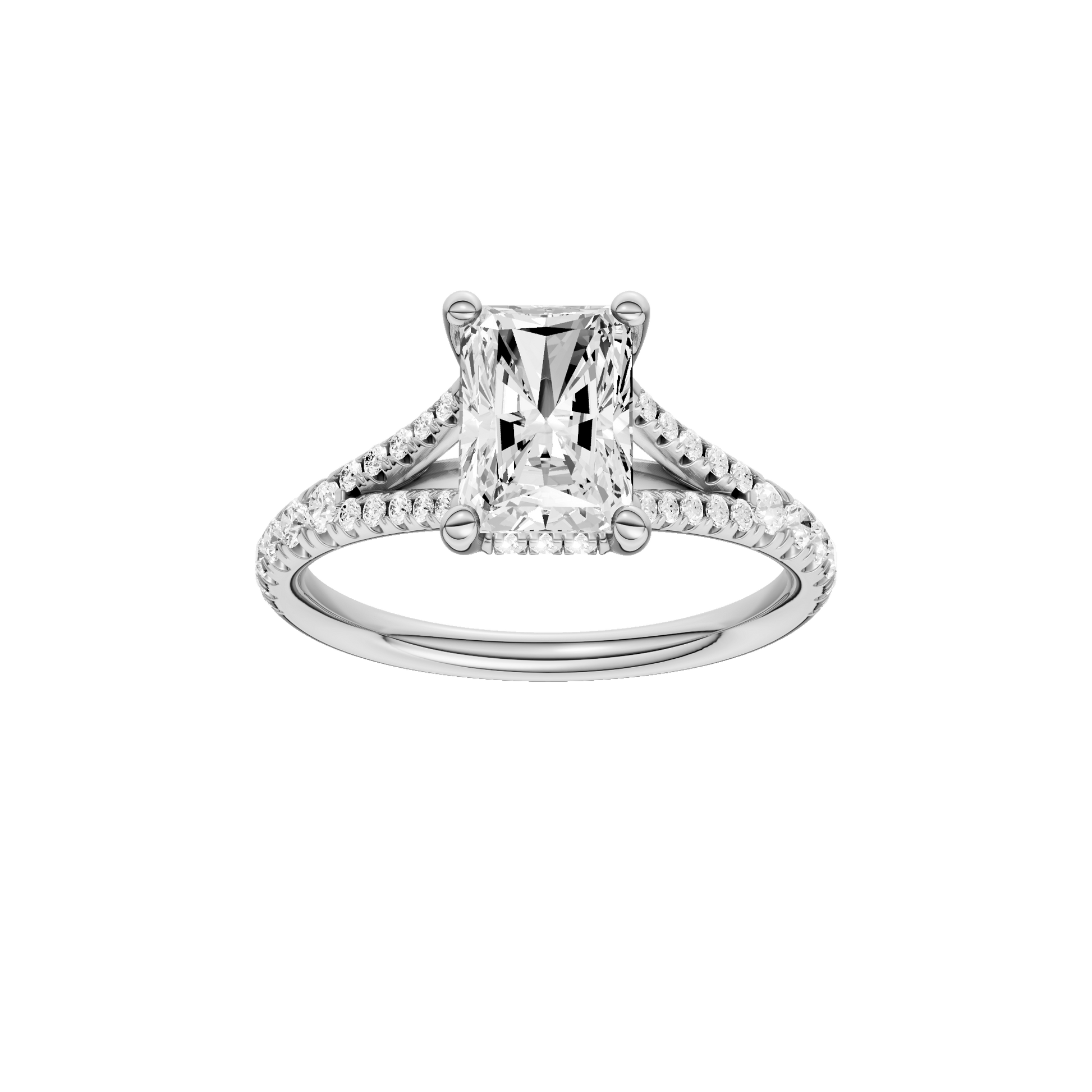 Radiant-cut diamond engagement ring with a prong-set diamond band and hidden-halo setting.