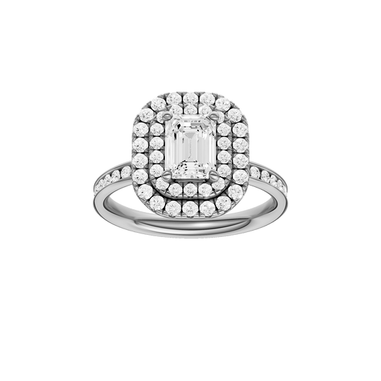 Emerald-cut diamond engagement ring with a channel-set diamond band and double-halo setting.
