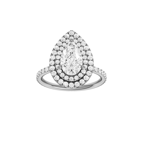 Pear-cut diamond engagement ring with a prong-set diamond band and double-halo setting.