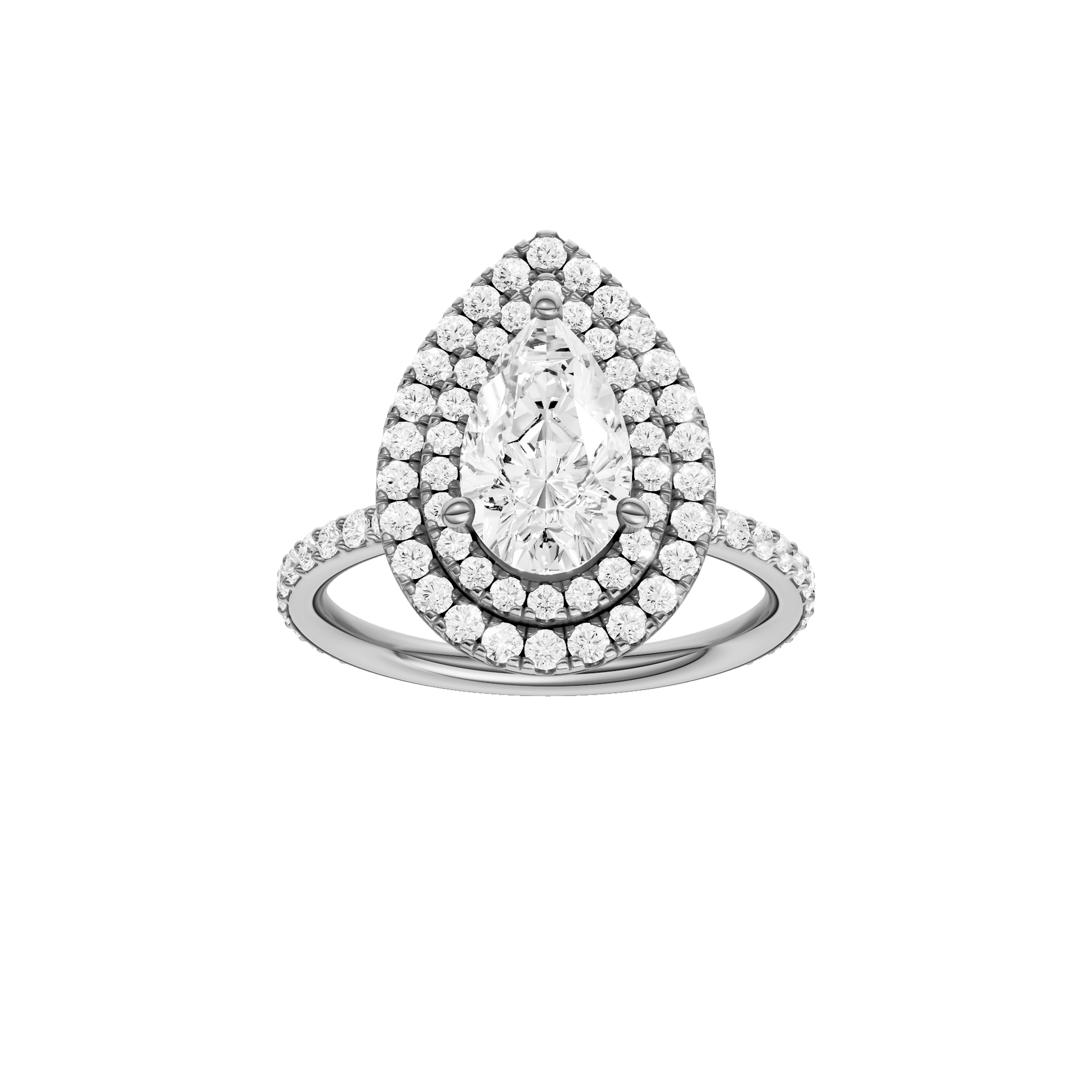 Pear-cut diamond engagement ring with a prong-set diamond band and double-halo setting.