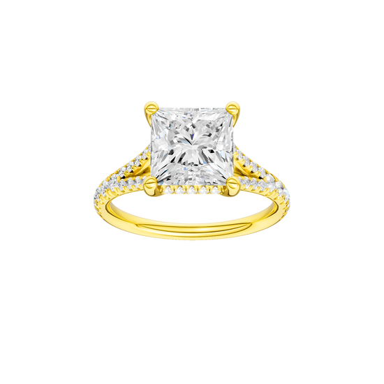 Princess-cut diamond engagement ring with a prong-set diamond band and hidden-halo setting.
