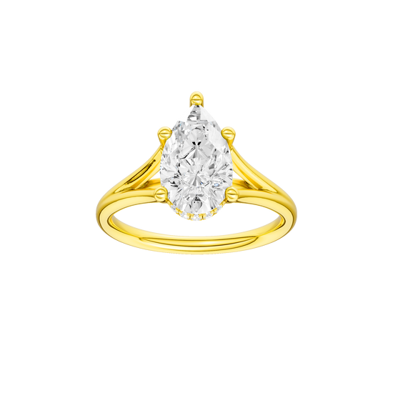Pear-cut diamond engagement ring with a plain band and hidden-halo setting.