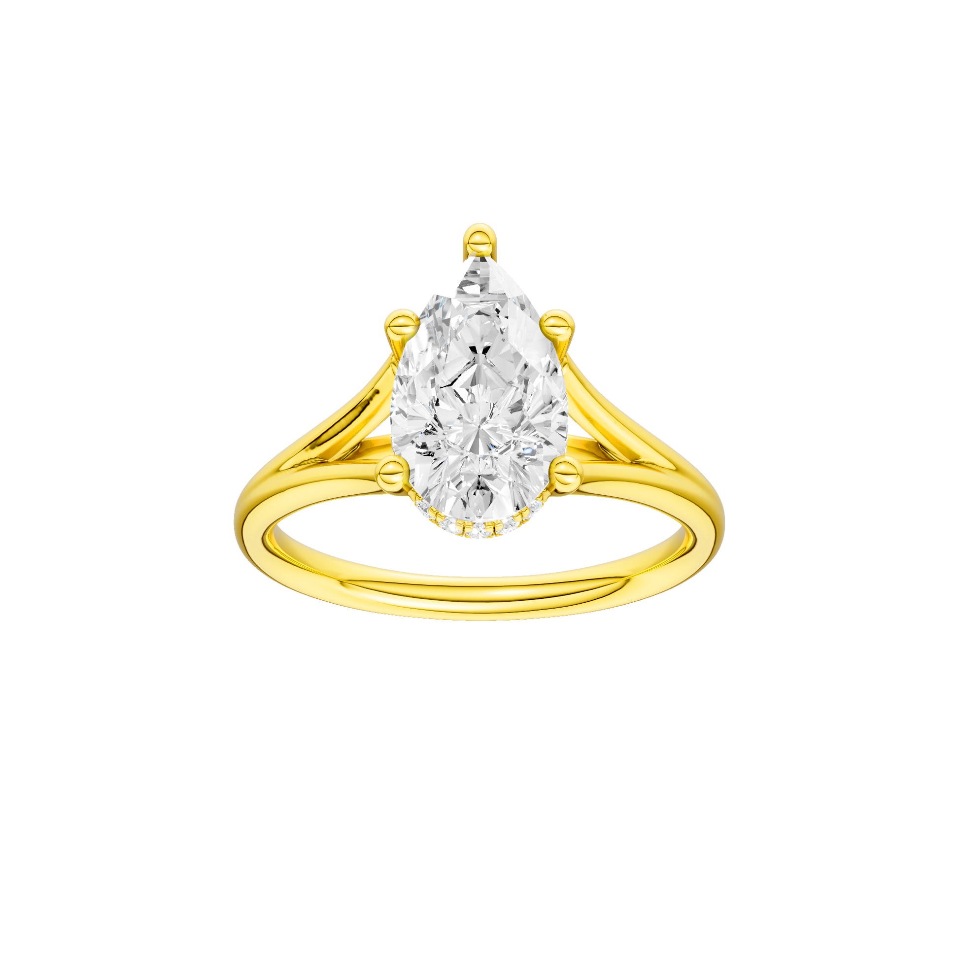 Pear-cut diamond engagement ring with a plain band and hidden-halo setting.