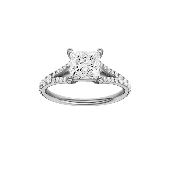 Princess-cut diamond engagement ring with a channel-set diamond band and solitaire setting.
