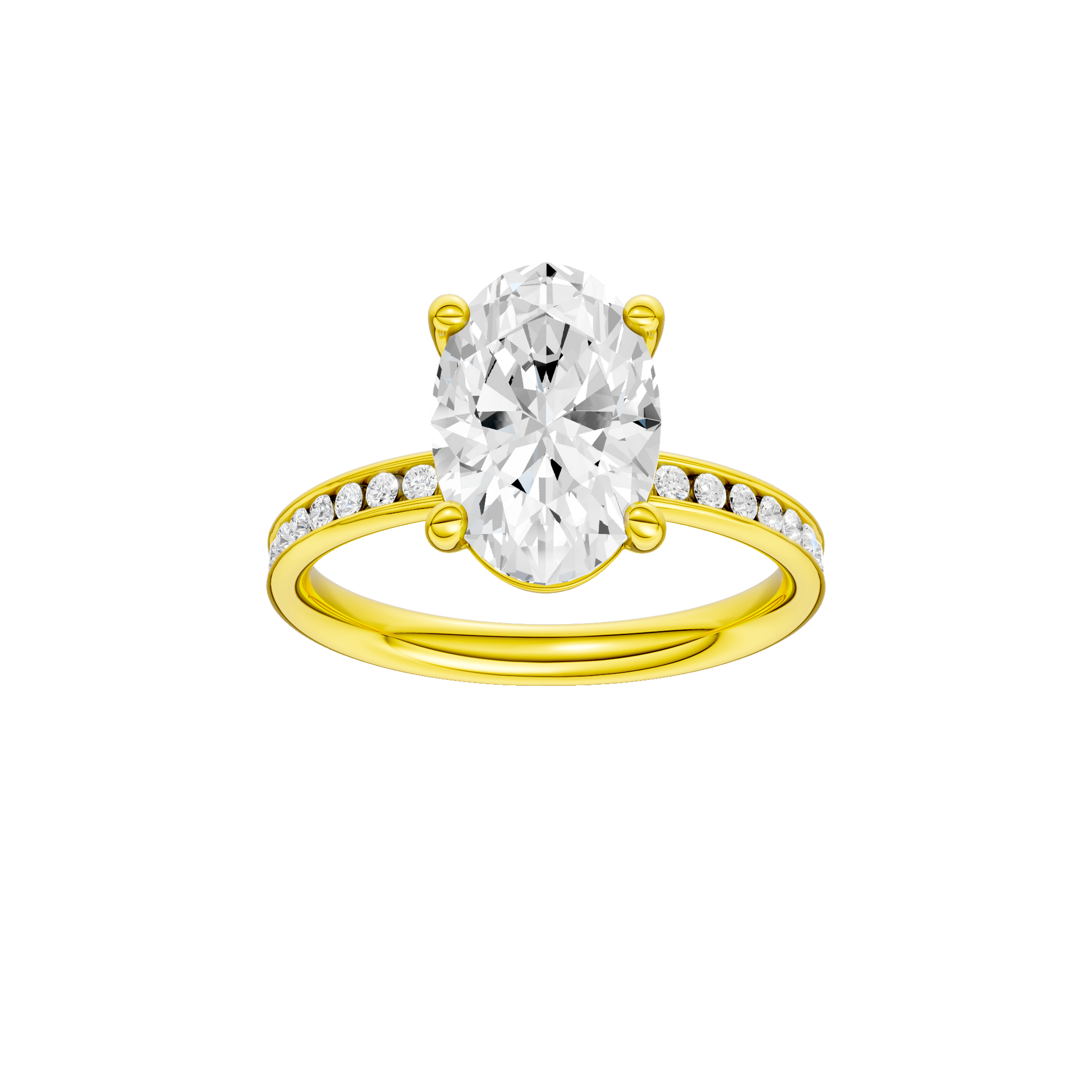 Oval-cut diamond engagement ring with a channel-set diamond band and solitaire setting.