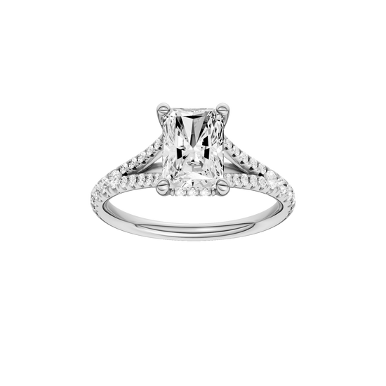 Radiant-cut diamond engagement ring with a prong-set diamond band and hidden-halo setting.