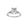 Radiant-cut diamond engagement ring with a prong-set diamond band and hidden-halo setting.