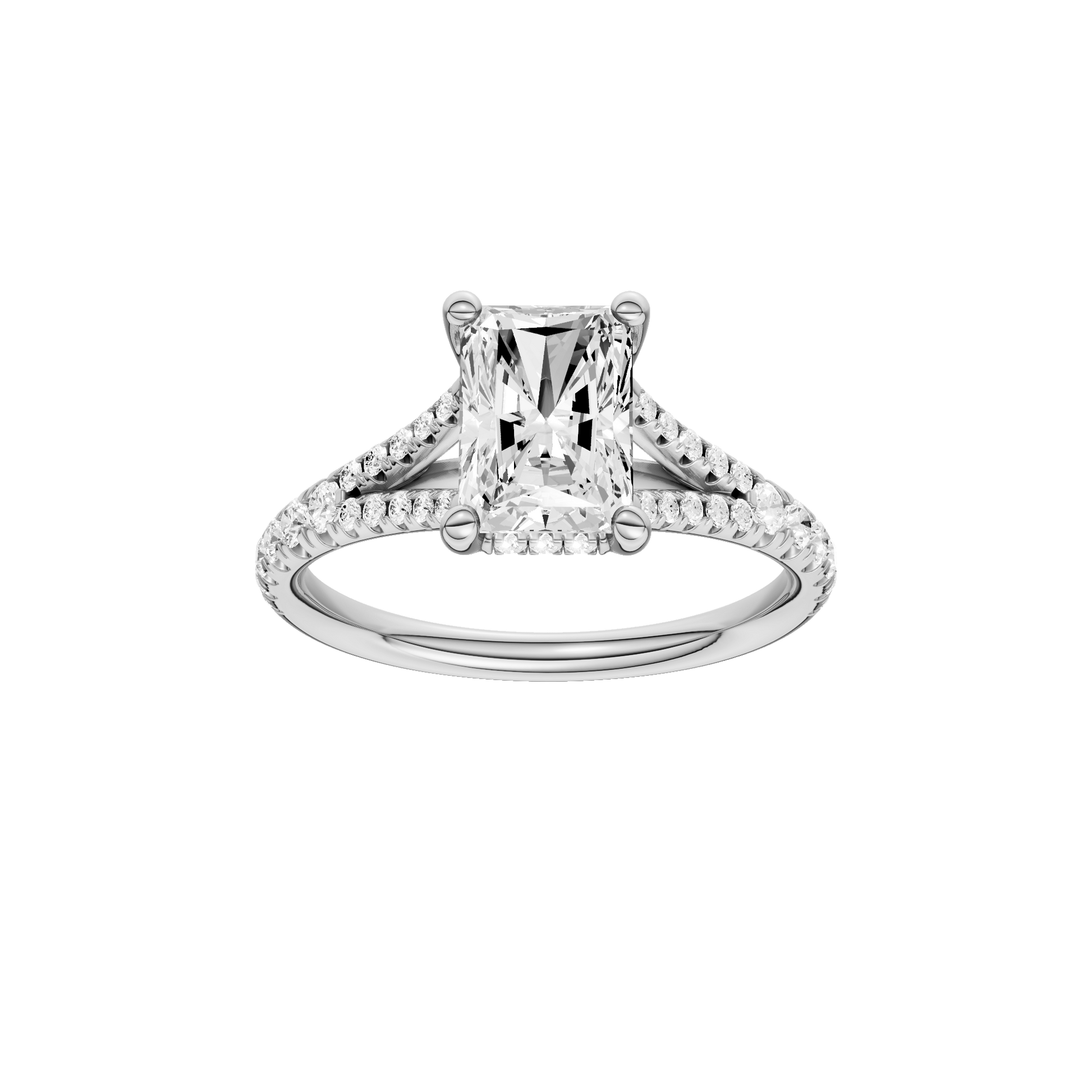 Radiant-cut diamond engagement ring with a prong-set diamond band and hidden-halo setting.