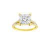 Princess-cut diamond engagement ring with a prong-set diamond band and hidden-halo setting.