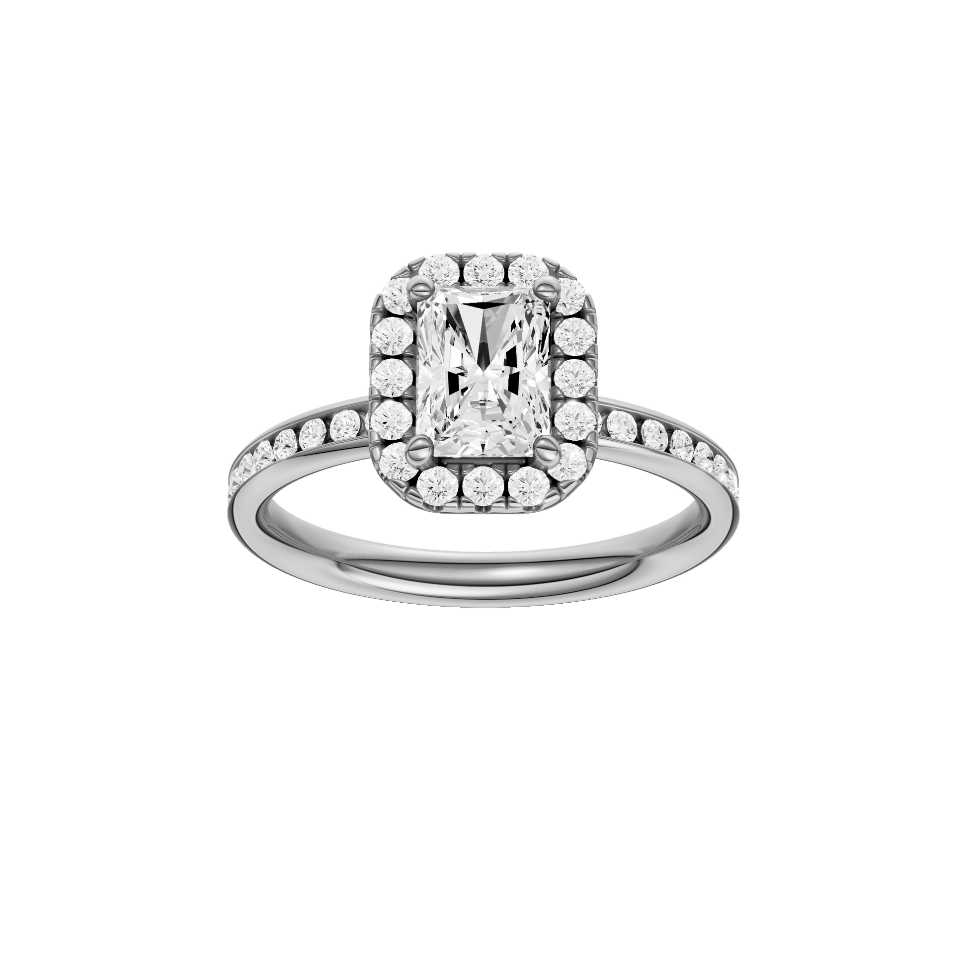 Radiant-cut diamond engagement ring with a channel-set diamond band and halo setting.