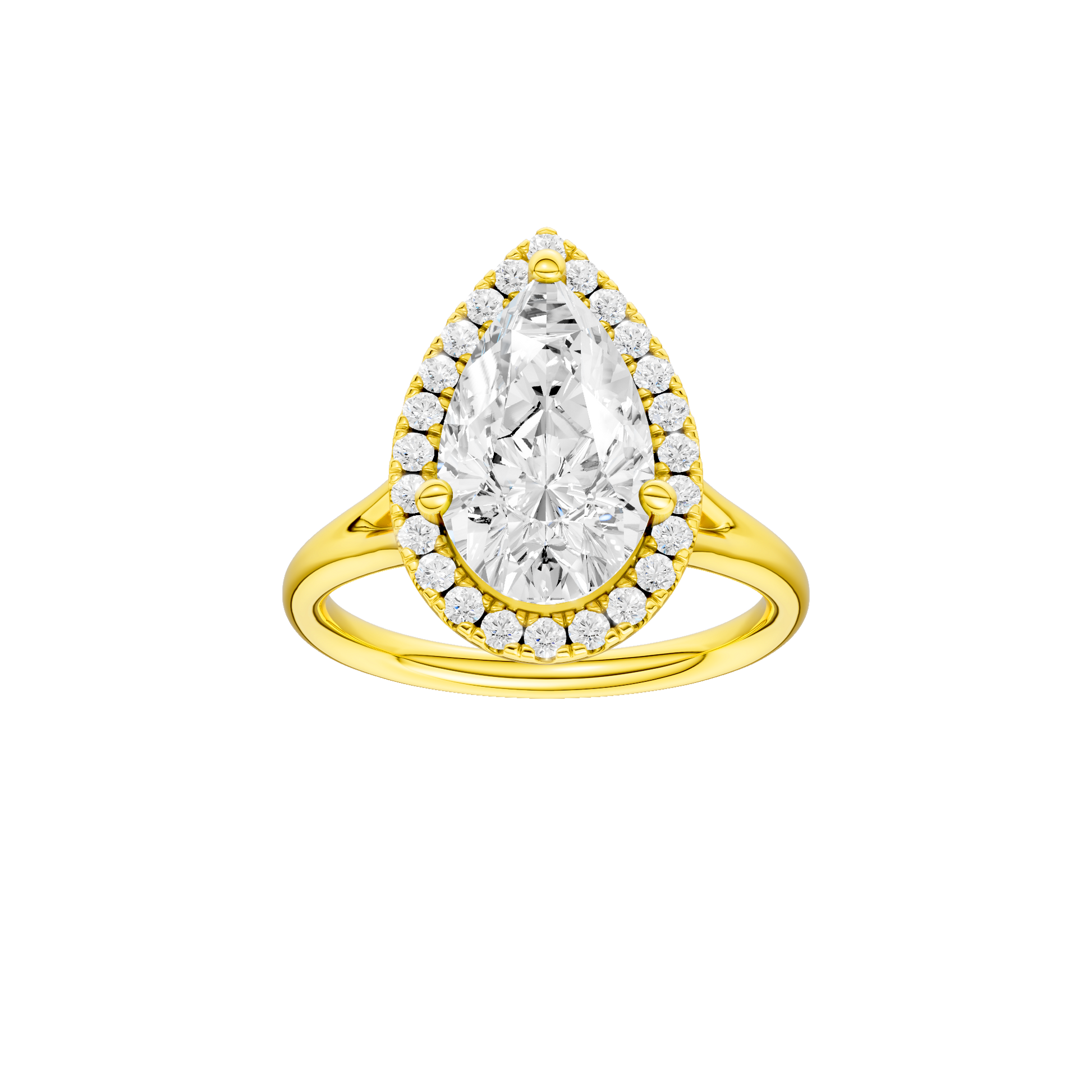 Pear-cut diamond engagement ring with a plain band and halo setting.