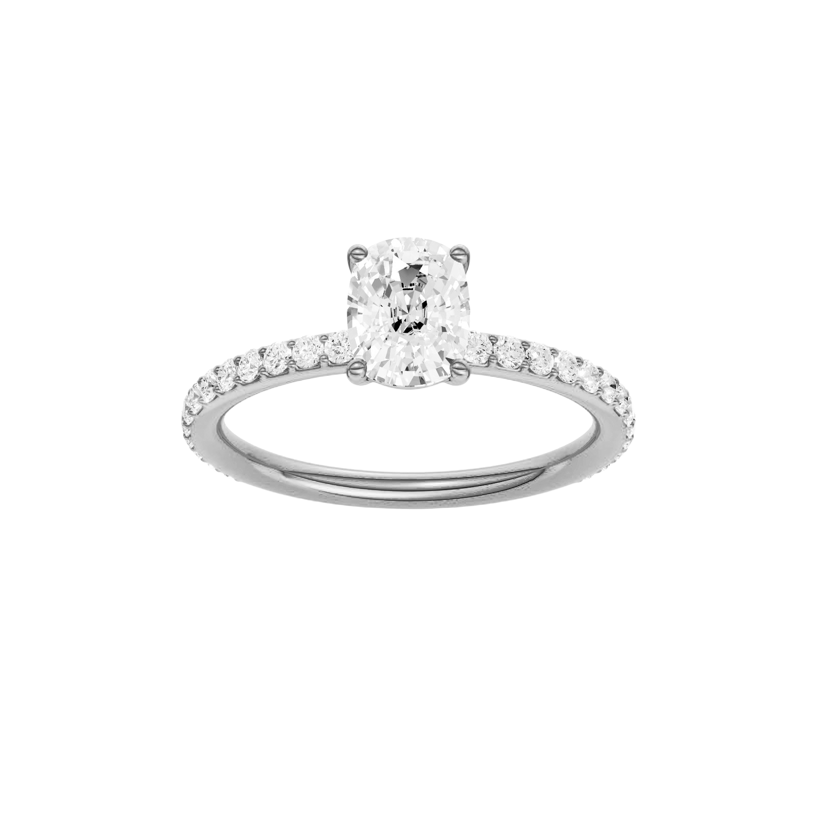 Elongated cushion-cut diamond engagement ring with a prong-set diamond band and solitaire setting.