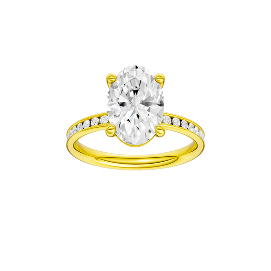 Oval-cut diamond engagement ring with a channel-set diamond band and solitaire setting.