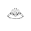 Round-cut diamond engagement ring with a prong-set diamond band and halo setting.