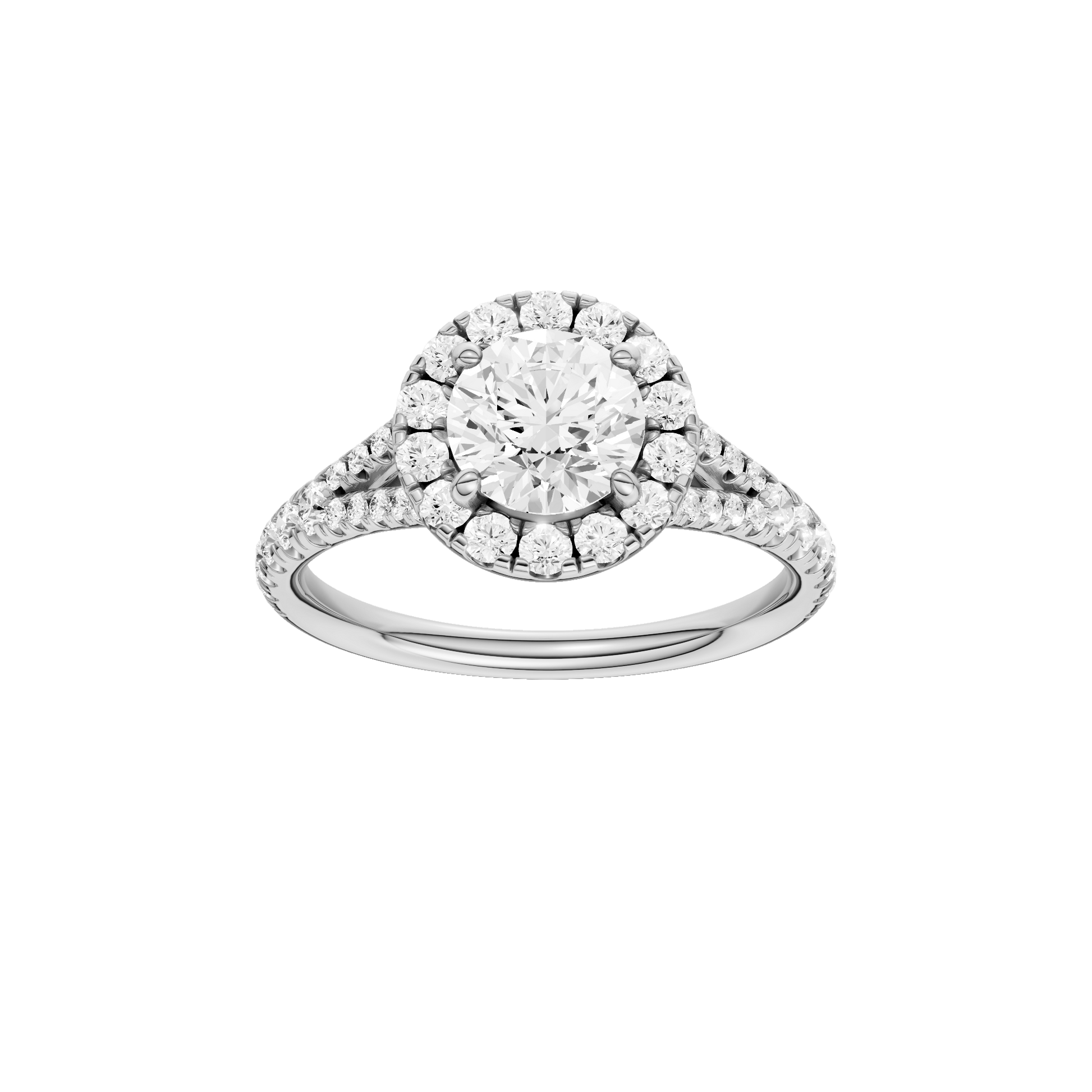 Round-cut diamond engagement ring with a prong-set diamond band and halo setting.