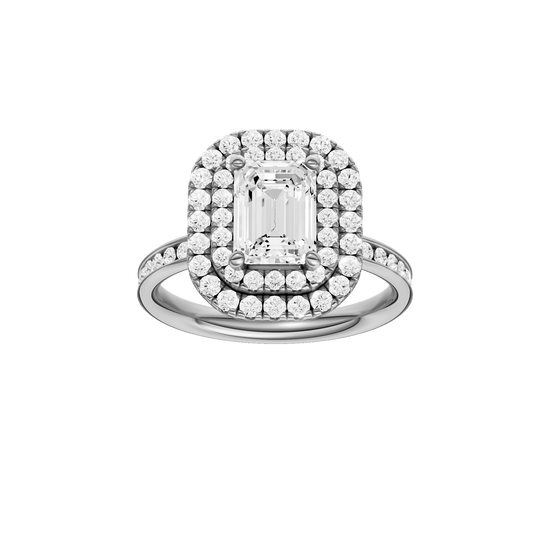 Emerald-cut diamond engagement ring with a channel-set diamond band and double-halo setting.