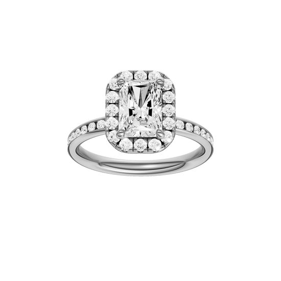 Radiant-cut diamond engagement ring with a channel-set diamond band and halo setting.
