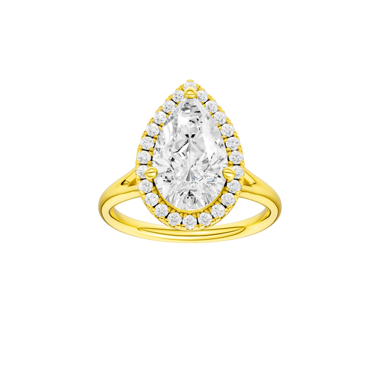 Pear-cut diamond engagement ring with a plain band and halo setting.