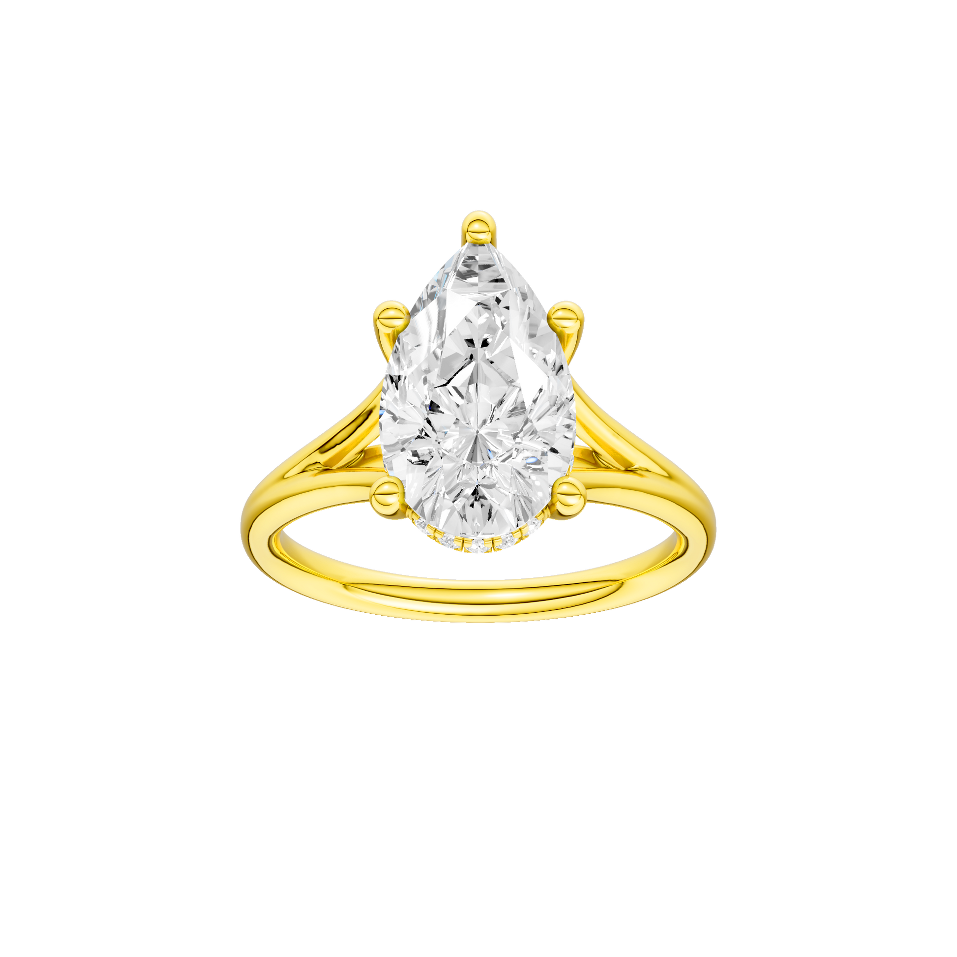 Pear-cut diamond engagement ring with a plain band and hidden-halo setting.