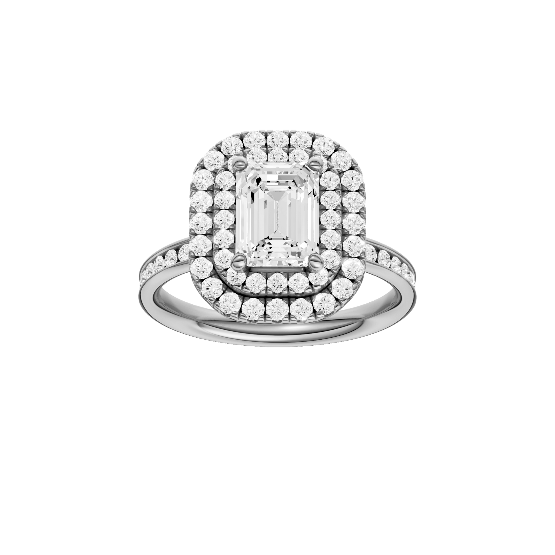 Emerald-cut diamond engagement ring with a channel-set diamond band and double-halo setting.