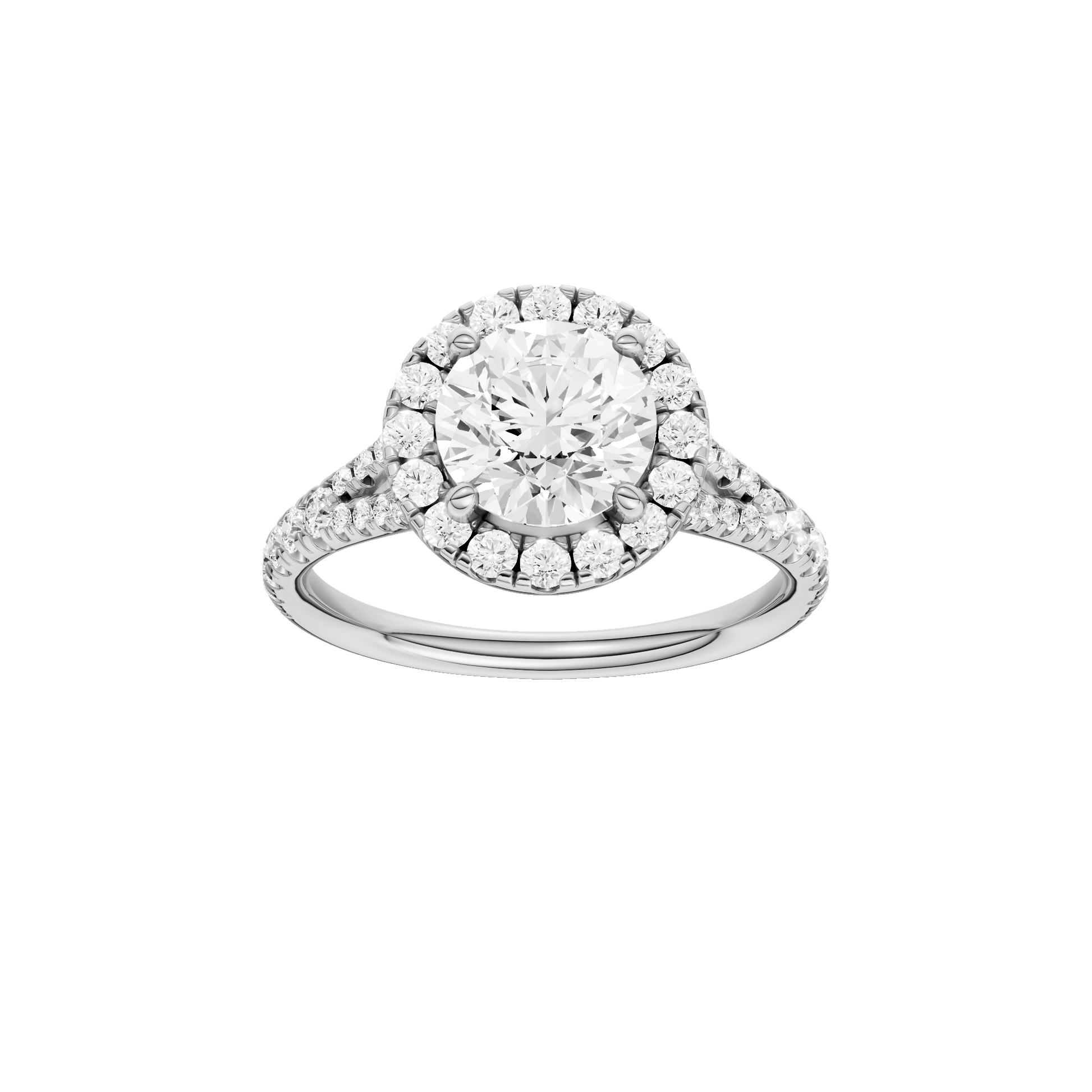 Round-cut diamond engagement ring with a prong-set diamond band and halo setting.