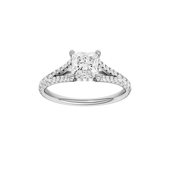 Princess-cut diamond engagement ring with a prong-set diamond band and hidden-halo setting.