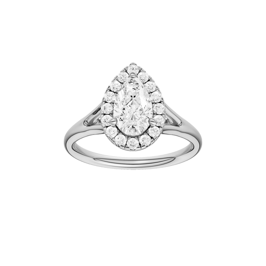Pear-cut diamond engagement ring with a plain band and halo setting.