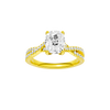 Elongated cushion-cut diamond engagement ring in 14k yellow gold with a prong-set diamond band and cathedral setting