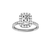 Radiant-cut diamond engagement ring with a channel-set diamond band and halo setting.