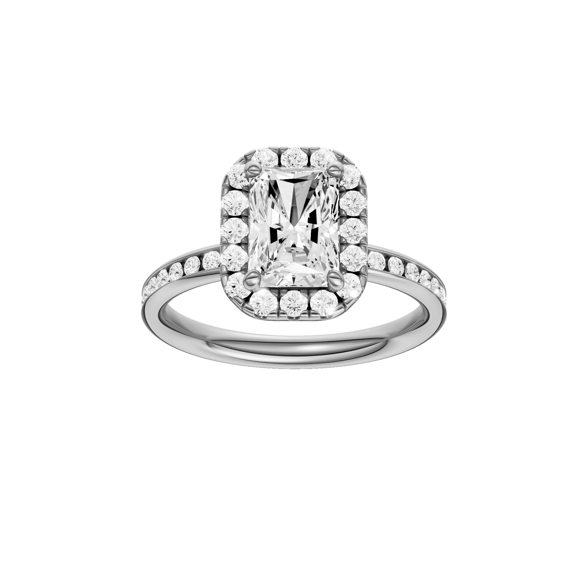 Radiant-cut diamond engagement ring with a channel-set diamond band and halo setting.