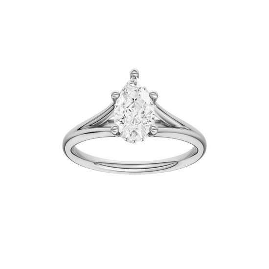 Pear-cut diamond engagement ring with a plain band and hidden-halo setting.